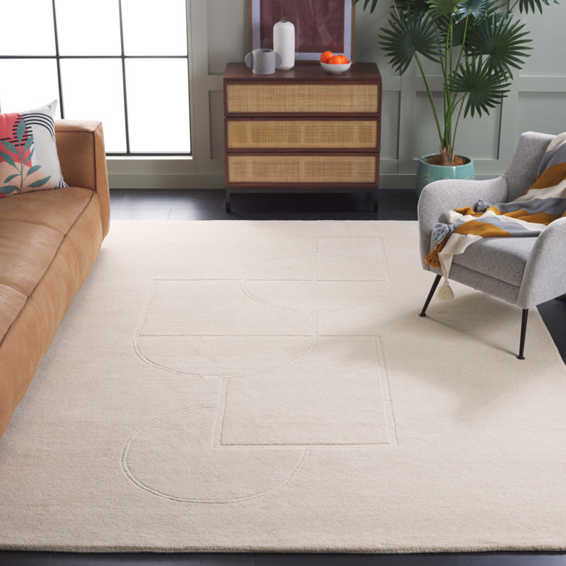 Tapis géométrique beige / ivoire en laine / viscose touffeté à la main Calyssa, Rectangle 8 pi x 10 pi