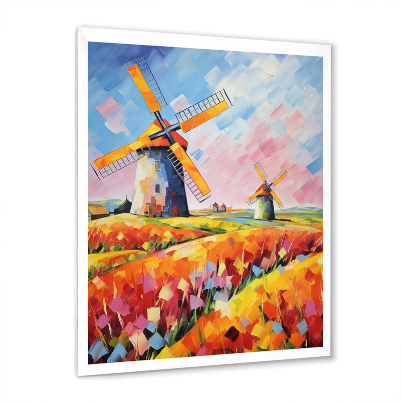 «Colorful Flower Meadow Windmills I - Wind Turbines», art mural, White Picture Framed, 20" H x 12" W