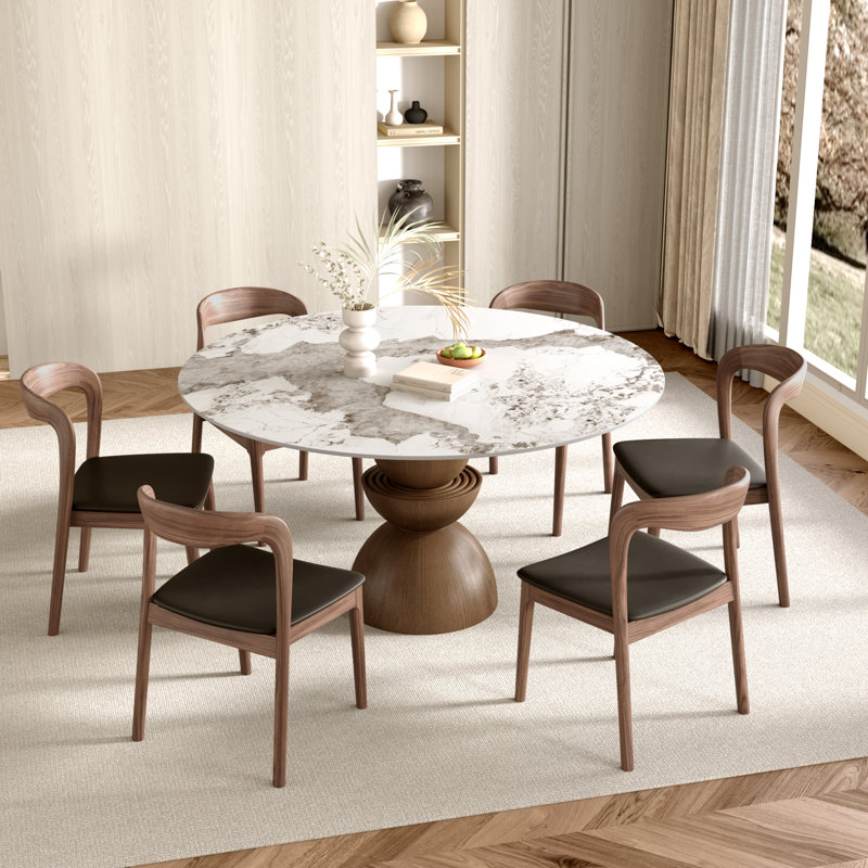Modern Round Dining Table With Solid Wood Pedestal Base & Sintered Stone Tabletop For Seat 2-6, Pandora
