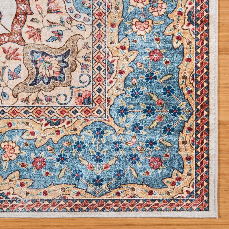 Ivory and Blue Traditional Medallion 3' x 5' Area Rug