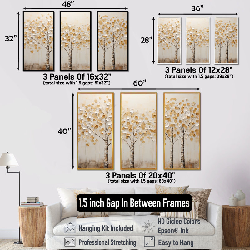 Ensemble d'armoire murale Beige Trees Harmony, Cadre flottant doré, H 40 po x l 60 po x P 1 po