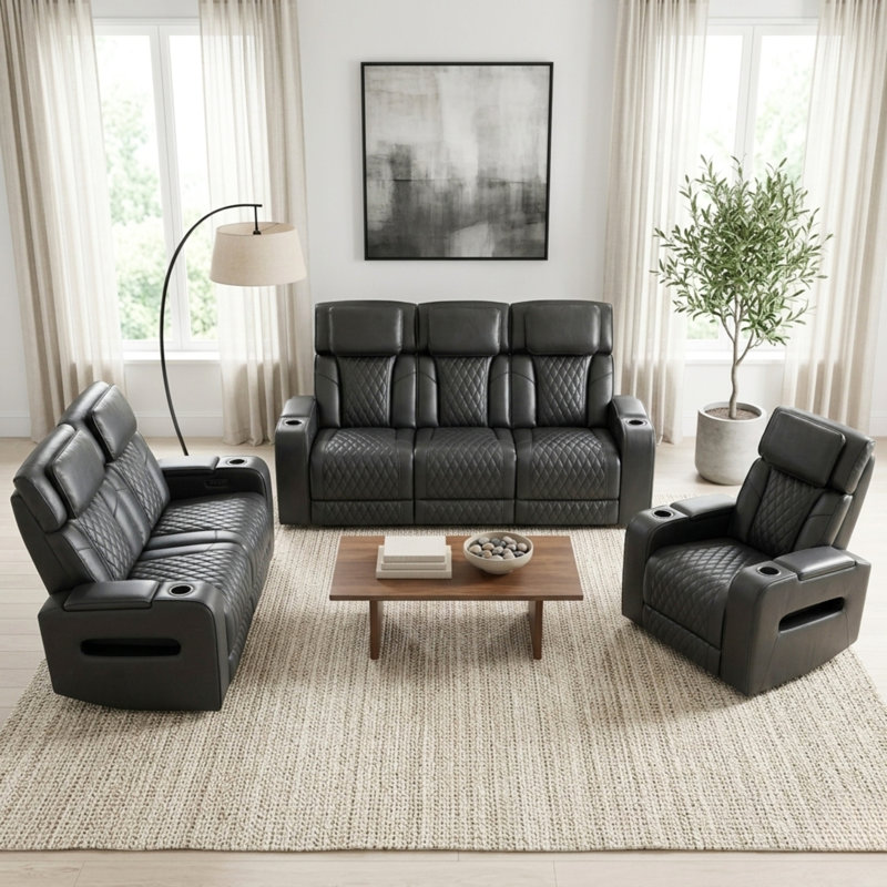 Canapé inclinable électrique Mason de 58 po en cuir avec port USB - Noir, Noir