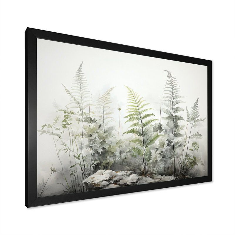 Ferns Silver Whispers I - fougères, art mural encadré, Cadre simple noir, H 34 po x l 44 po x P 1,5 po