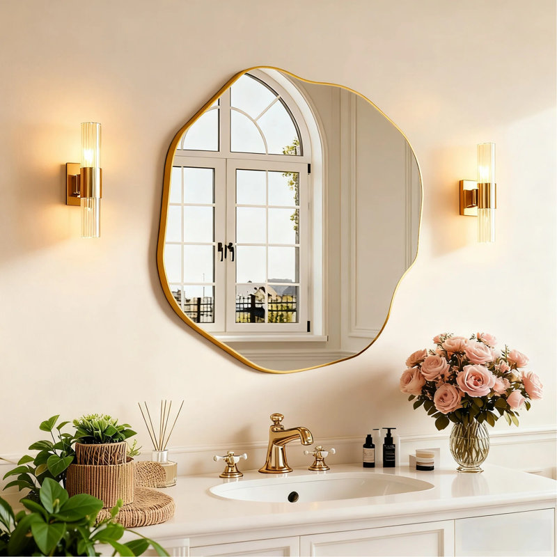 Miroir mural irrégulier, cadre en métal asymétrique moderne, verre HD pour salon, chambre à coucher, salle de bain - doré, 25 po x 28 po
