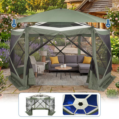 13x13FT Pop Up Screen Tent w/ Starry Sky Top, 6-Sided Gazebo w/ Mesh, Waterproof Shelter for Backyard, Beige & Khaki, Green&Light Grey
