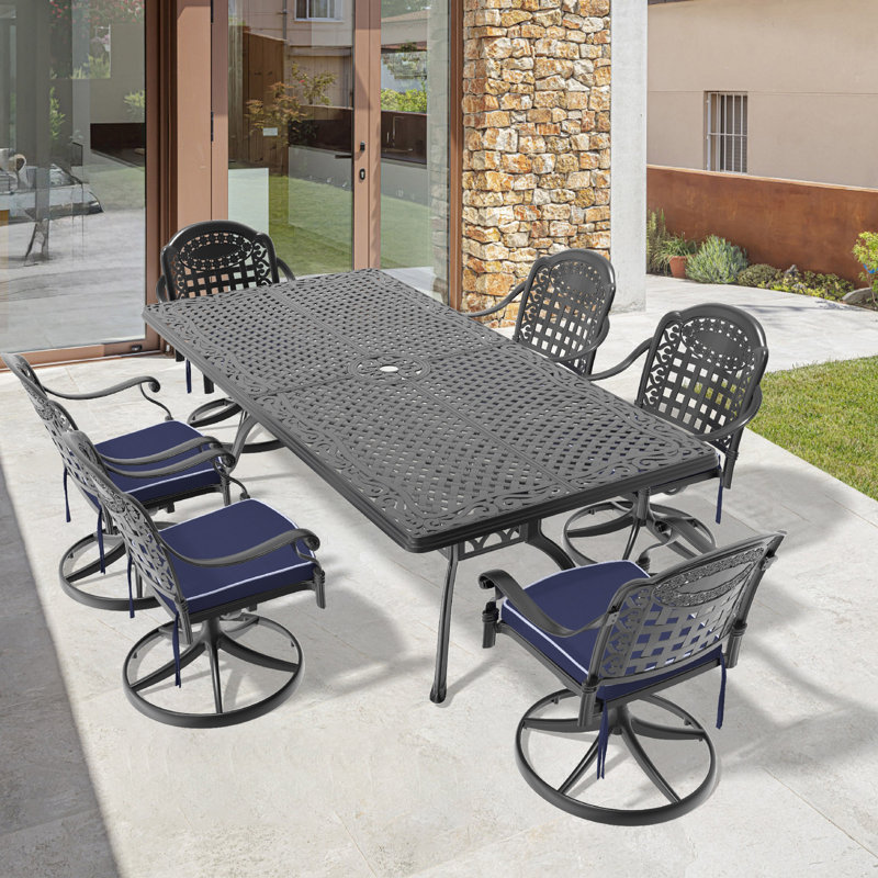 All-Weather Cast Aluminum Dining Set, Include Swivel Chairs And Round Table With Black Frame, 6