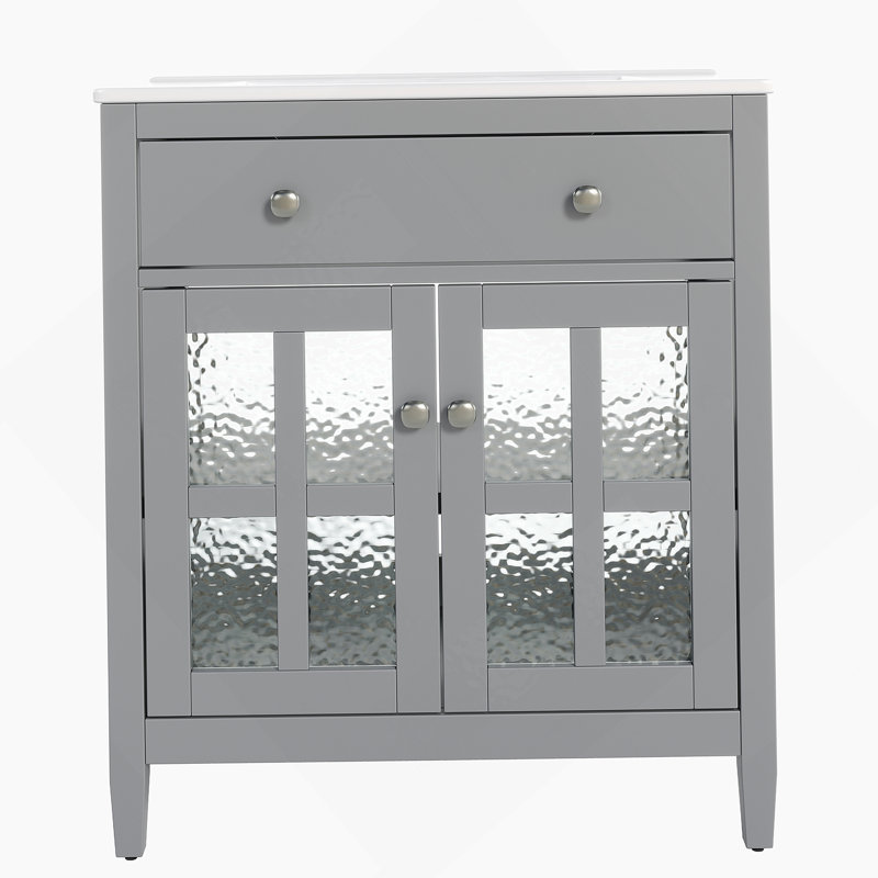 Meuble-lavabo avec lavabo en céramique, tablette réglable, plateau basculant, pieds en bois massif, boutons argentés et charnières à fermeture en douceur pour des salles de bain fonctionnelles et élégantes