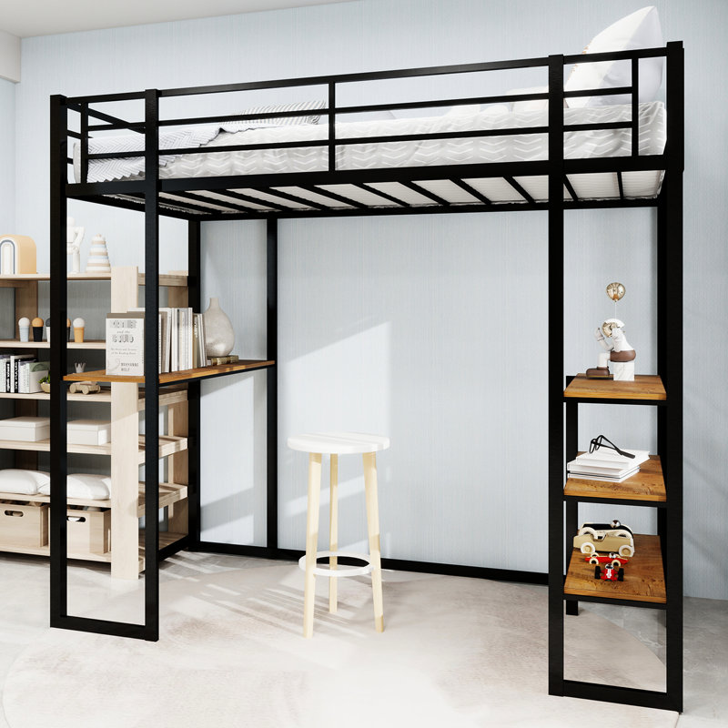 Lit simple à structure en fer avec escalier et rampe en noir, pour la chambre à coucher, pour économiser de l'espace à long terme.