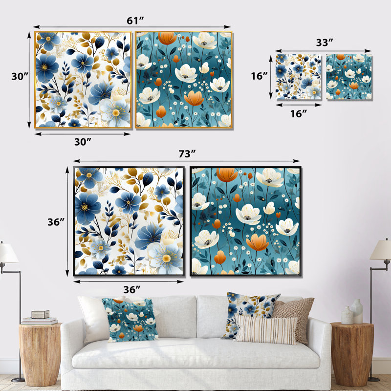 Tyngsborough - Ensemble de salon mural floral 2 pièces, Toile tendue, H 16 po x l 33 po x P 1 po