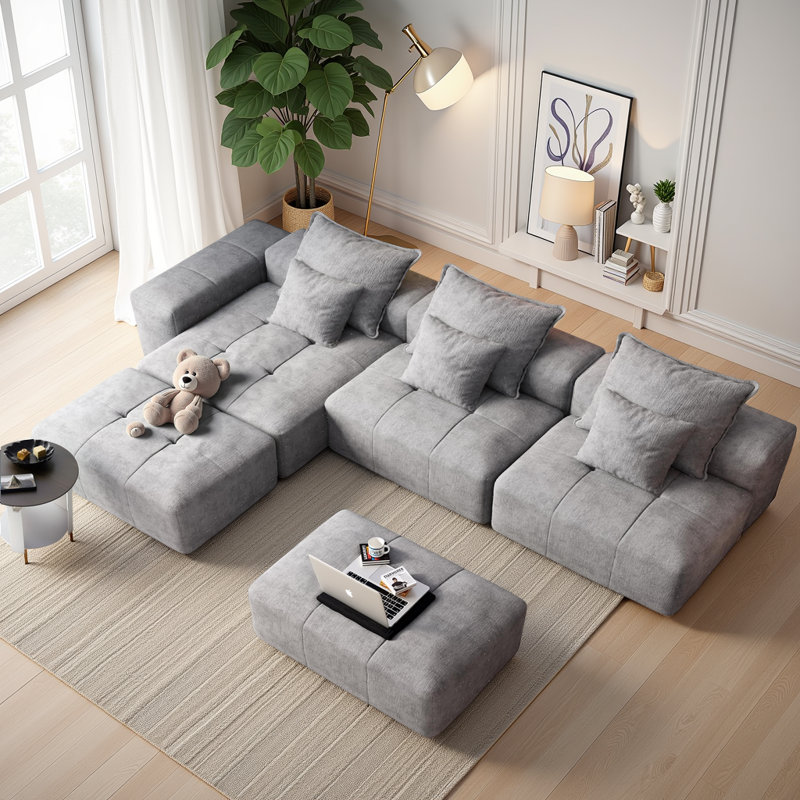 Canapé modulaire surdimensionné à 5 places avec 6 coussins Boneless, Chenille grise