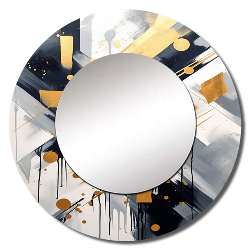 Sanyra noir et doré profondeur coin VI - formes abstraites de miroir mural, grand miroir rond moderne, art imprimé en métal