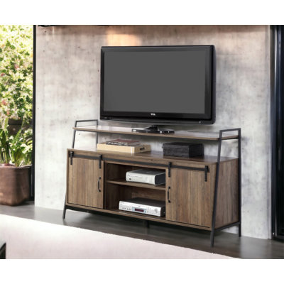 Rashawn Rustic Oak & Black Finish TV Stand With Sliding Barn Doors And Multiple Compartments For Storage And Display