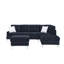 Canapé modulaire 3 places avec méridienne, repose-pieds avec rangement, pieds en métal et clous en cuivre, deux coussins blancs