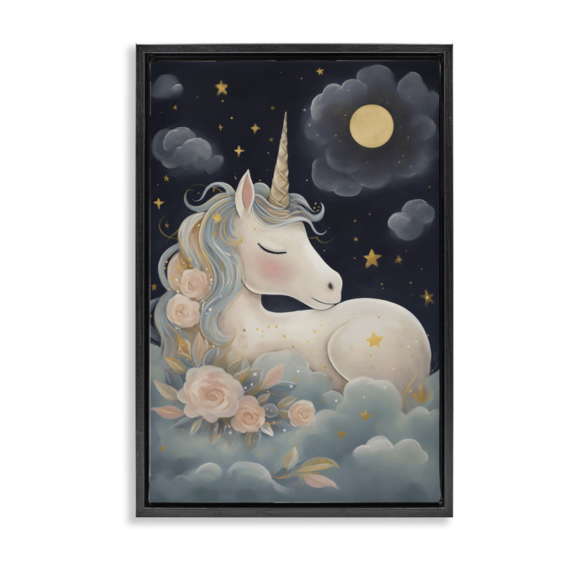 Cadre flottant licorne entouré de nuages, design par Creative Studio, Cadre flottant noir de jais, H 25 po x l 17 po
