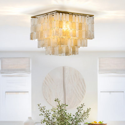 Belardo 3-Light Square Ceiling Light Coastal Natural Capiz Shell Tiered Flush Mount for Bedroom