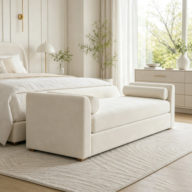 Banc de bout de lit avec accoudoirs de 88,58 po de largeur, Beige