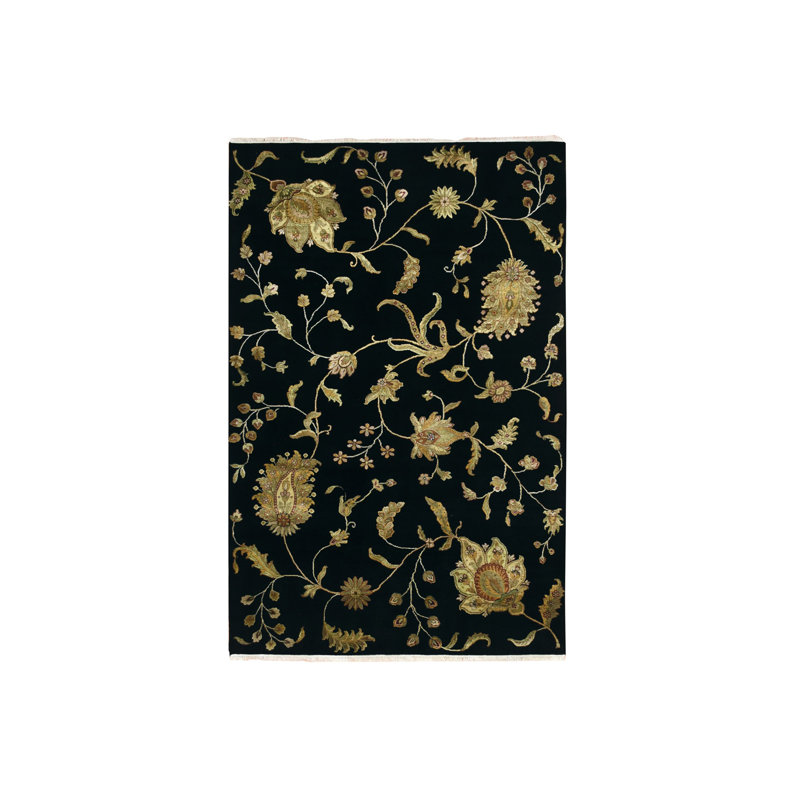 Tapis oriental noir en laine et en soie noué à la main 5 pi 10 po x 8 pi 10 po C391EA68C9C846A58B6D27F8141CC795