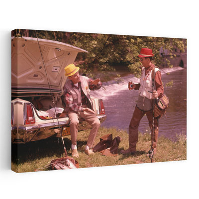 1960S Two Men Wearing Fishing Gear Drinking Beer Talking By Open Car Trunk Along Stream Contemporary Fish Summer Wall Art
