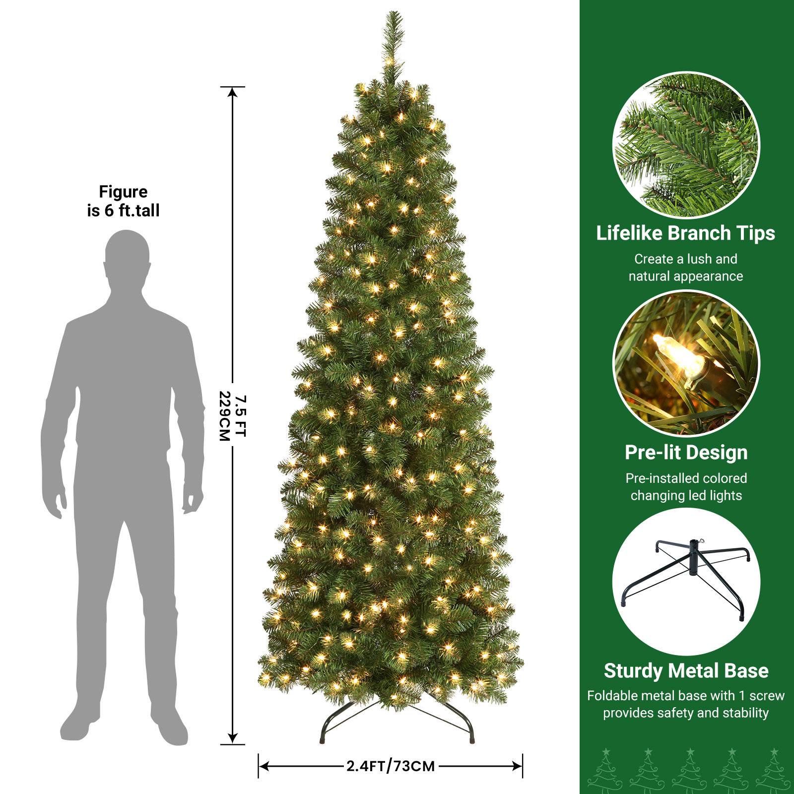 Prelit Slim Pencil Christmas Tree, Warm White LED Lights, Full Branch Tips, 7.5', Green