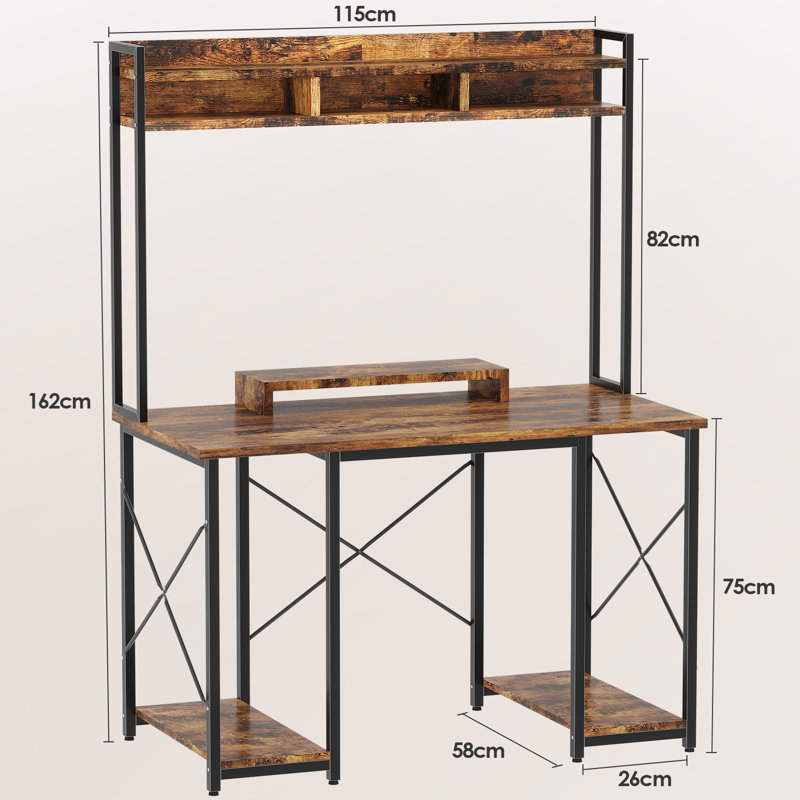 Didi 120cm W Rectangle Computer Desk with Hutch and Cabinet Home Office Desk Gaming Desk, Brown/Black
