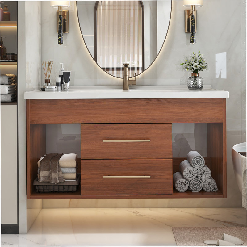 Meuble-lavabo simple de style moderne Mid-Century avec lavabo encastré intégré, offrant un rangement intelligent et un style intemporel pour votre salle de bain