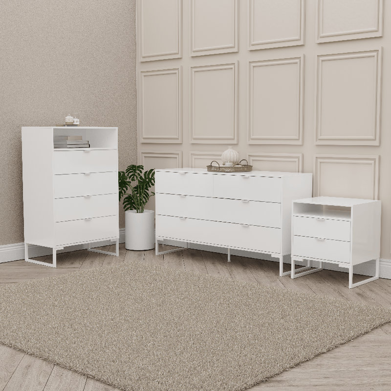 Ensemble de chambre à coucher 3 pièces avec commode 6 tiroirs, grande commode et table de chevet Charlotte