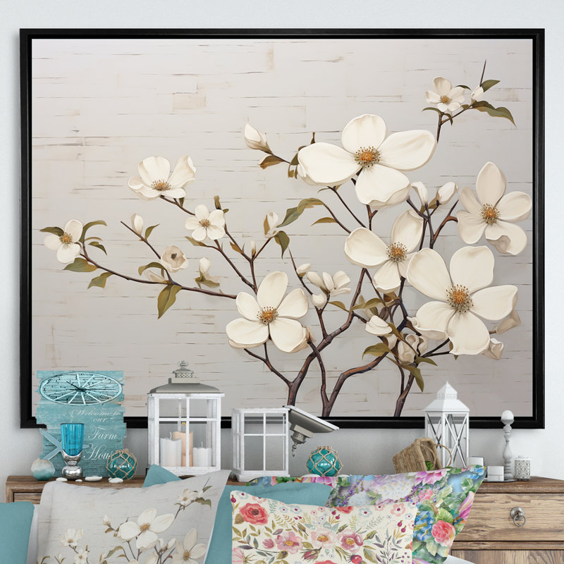 «White Dogwood Blossom Scenery VII», reproduction sur toile, H 24 po x l 32 po x P 1 po, Cadre flottant noir