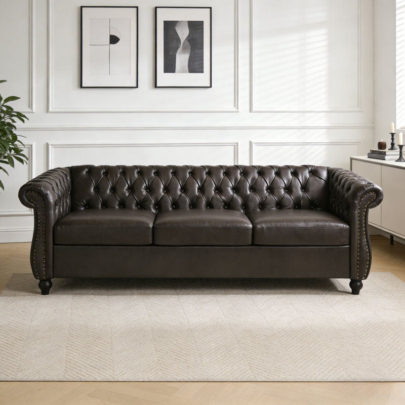 Canapé Chesterfield de 84 po, canapé capitonné 3 places avec garniture cloutée et accoudoirs à volutes, causeuse à profil bas pour salon, canapé d'appartement