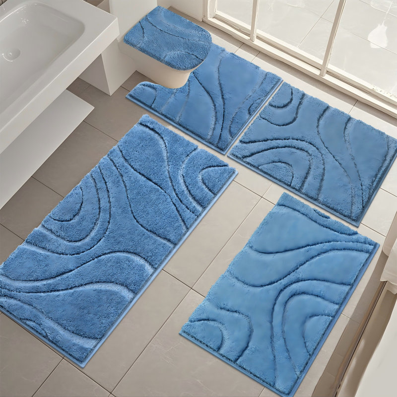 5 Piece Soft Absorbent Microfiber Bath Rug Set with Non-Slip Backing, Blue