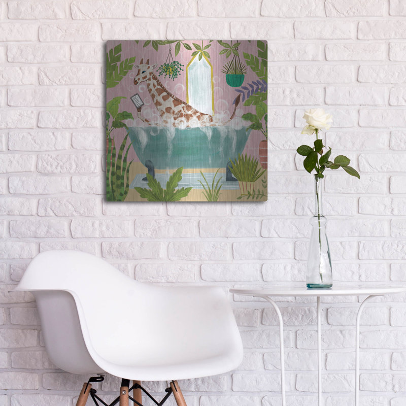 Art mural en métal luxueux «Giraffe In Tub No Drink» par Farida Zaman, 24 po x 24 po, H 24 po x l 24 po
