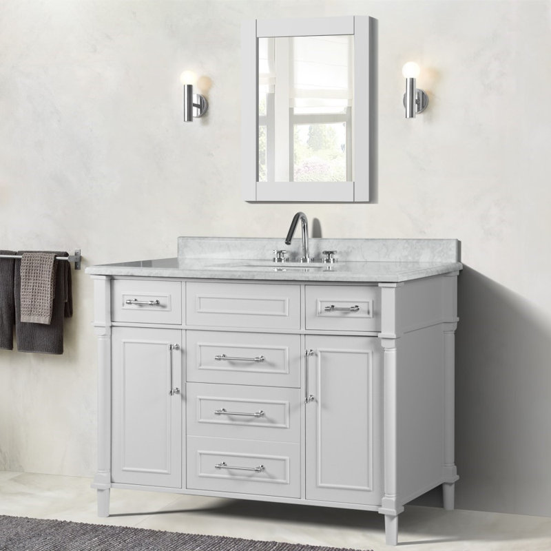 48” Single Vanity Set With White Carrara Marble Top and Mirror, White
