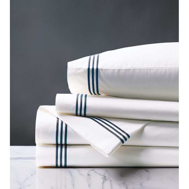Tessa 100% Cotton Percale Sheet Set, White/Navy, Twin Sheet Set + 1 Pillowcase