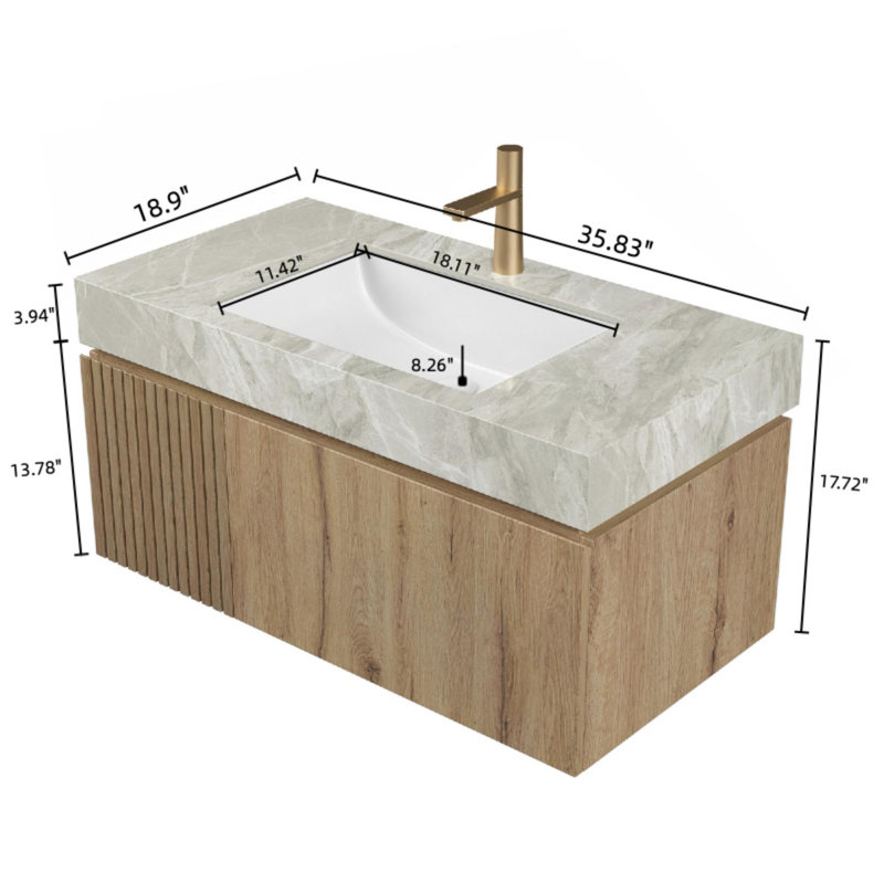 Meuble-lavabo mural simple 36 po avec lavabo, Chêne blanc, Gris clair, 36"