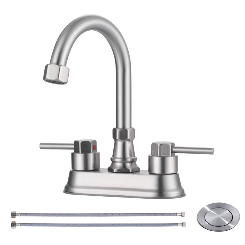 4 po Robinet pour salle de bain à poignée double à grande arche Centreset avec ensemble de drain et tuyaux d'entrée d'eau inclus en nickel brossé