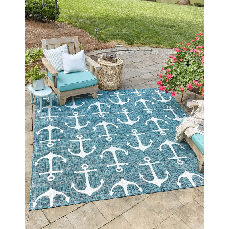 Tapis intérieur / extérieur bleu sarcelle / ivoire Glidden, Carré 5 pi 3 po