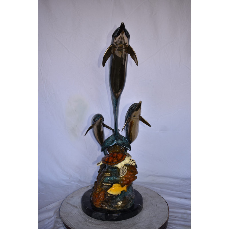 Bronze Three Dolphins Swim next to a Sea Turtle Fountain