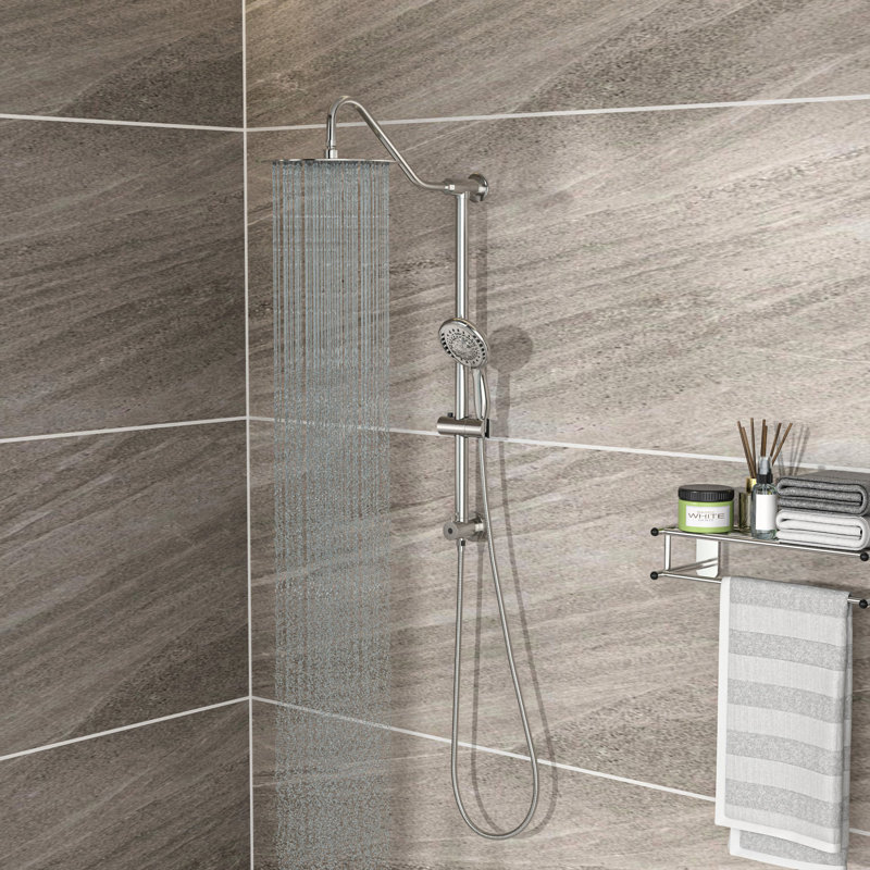 Douche de 10 pouces en nickel brossé - Deux têtes avec 5 modes de pluie, bulles, massage, pluie et bulles, pluie et massage, bras complet, tuyau, couvercle en émail, tige de réglage, noyau de valve