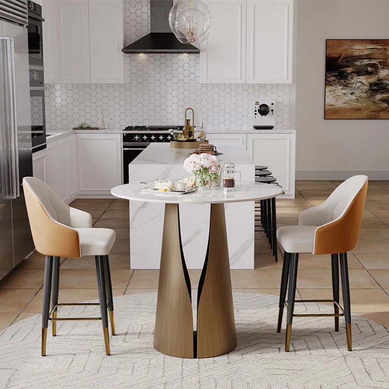 Vera - Modern Leather Counter Height Bar Stools Set Of 2, Beige/Orange