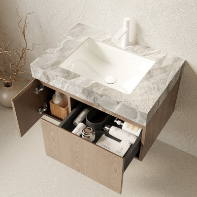 Meuble-lavabo de salle de bain flottant 30 po, armoire de rangement en contreplaqué, pierre frittée grise, lavabo en céramique, deux portes et un tiroir - conception d'armoire facile à entretenir
