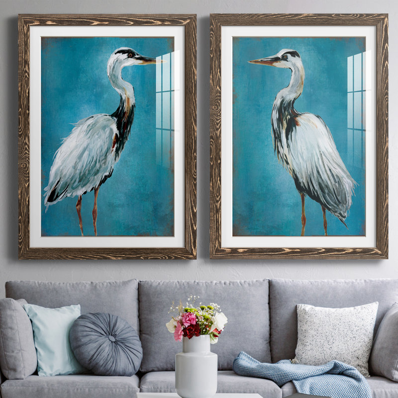 Great Blue Heron I - ensemble de 2 peintures, Papier dans un cadre photo, H 31,5 po x l 47 po x P 1,5 po, Noyer