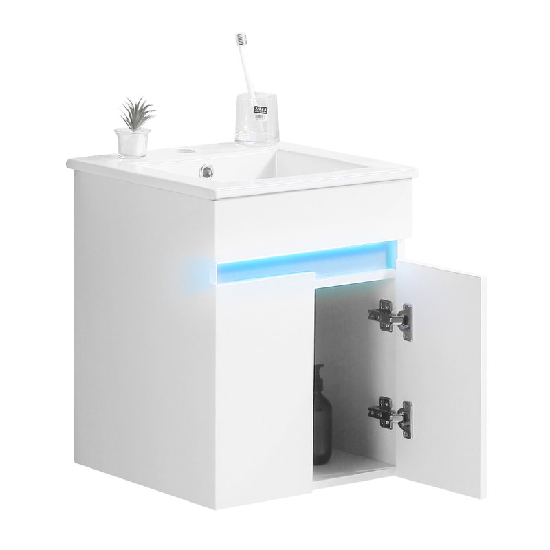 Meuble-lavabo mural de 16 po avec lavabo, couleur blanche, beauté moderne, espace de rangement considérable pour petite salle de bain, prise de détection de radars en céramique, blanc, Grace, grand ensemble de testeur