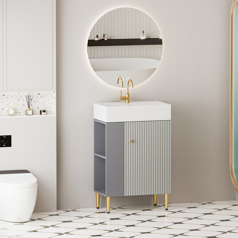 Meuble-lavabo à tablettes ouvertes 21,6 po avec lavabo en céramique, Gris mat