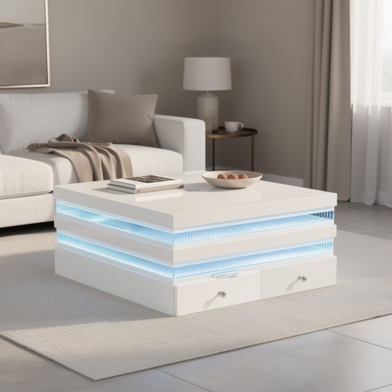 Table basse Lesi, plateau en verre de 47 po, 2 tiroirs, blanc glamour à DEL