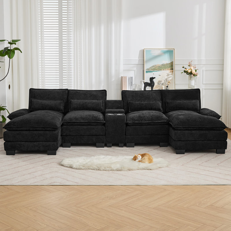 125.6'' U Shaped Sectional Sofa with Chaise Lounges, Storage Console, USB Charging Ports, Cup Holders, Chenille, Regular