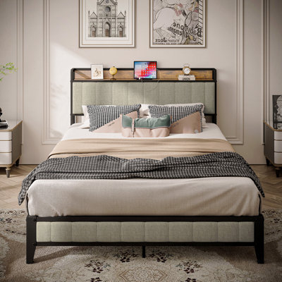 Queen Size Bed Frame Frame With Charging Station, Upholstered Design With Headboard, Metal Material Platform, Grey