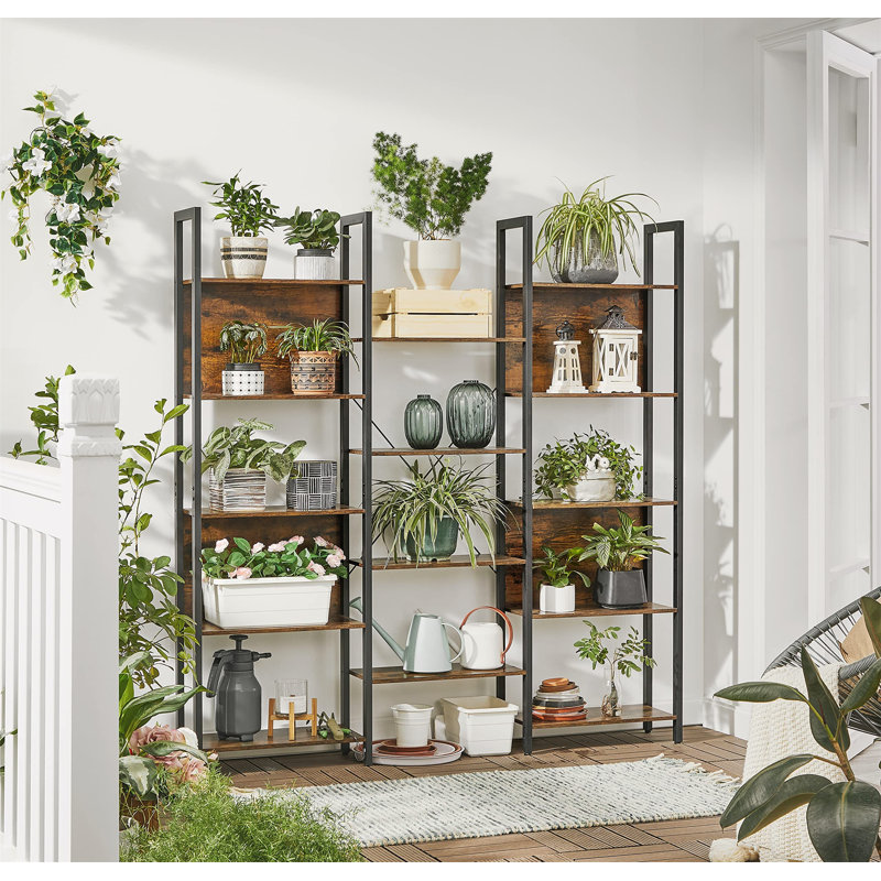 Jaliyah 166cm H x 158cm W Steel Etagere Bookcase, Rustic Brown/Black