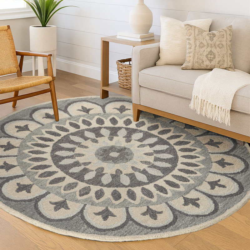 Elmbridge Modern Farmhouse Geometric Mandala Hand Tufted Wool Area Rug, Round 6'