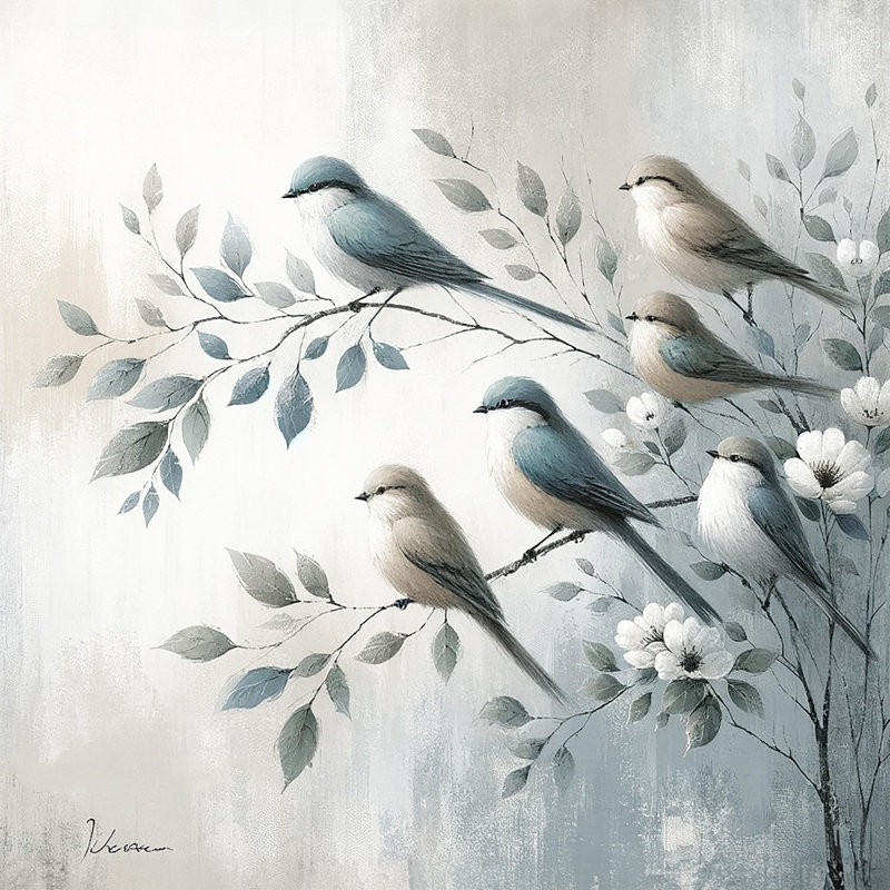 «Birds on Branches with Floral Accents», art mural sur toile tendue, H 20 po x l 20 po x P 1,5 po