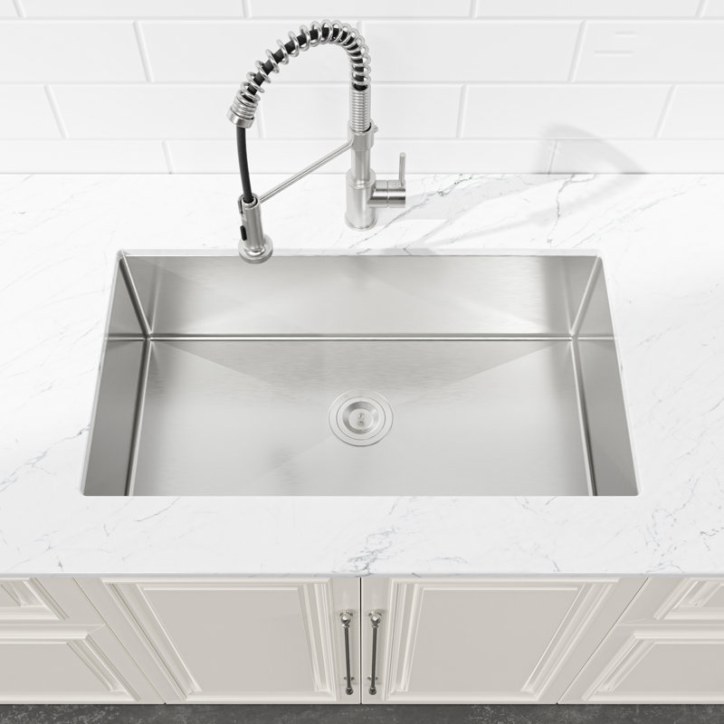Évier de cuisine en acier inoxydable à simple cuve moderne avec drain, crépine, Brushed Nickel, 33" x 19" x 10"