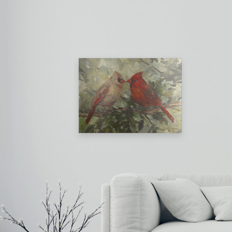 Art flottant en aluminium brossé «Kissing Cardinals» par Mary Miller Veazie